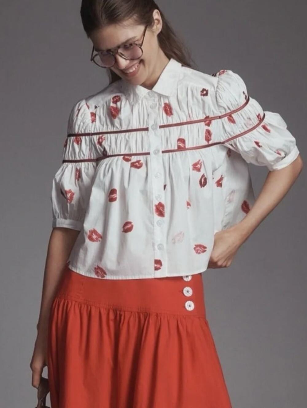 Maeve Anthropologie The Leandra Shirred Yoke Blouse Kisses Small NWT